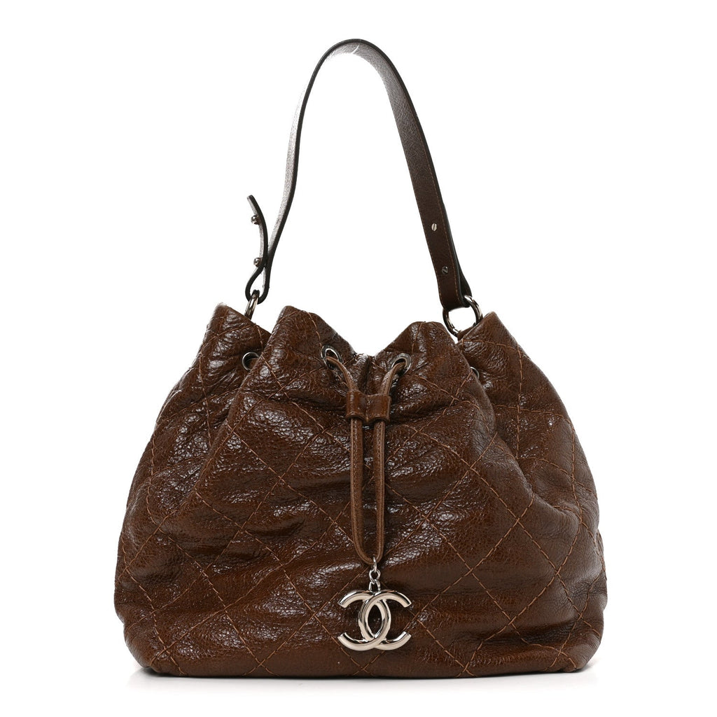Chanel Glazed Calfskin On The Road Drawstring Tote Brown
