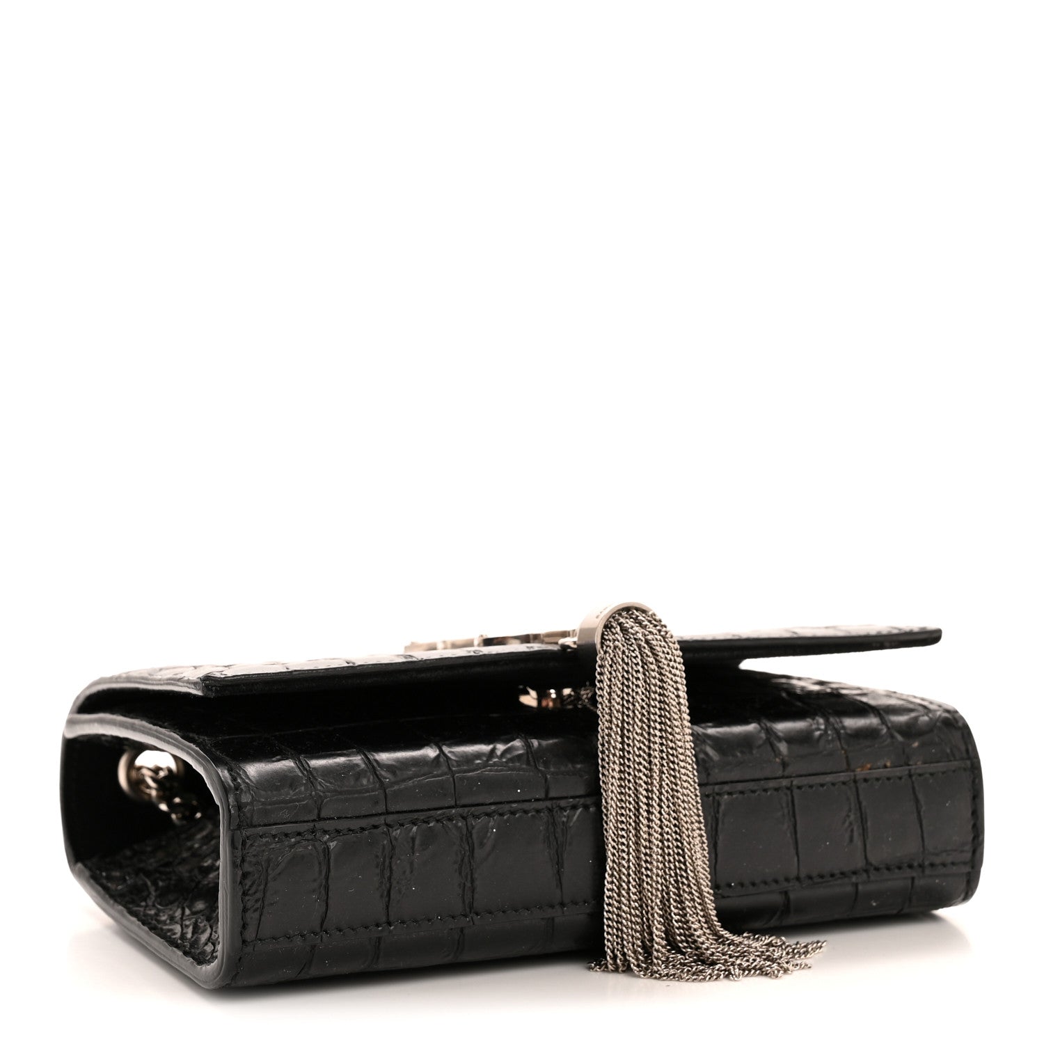 Saint Laurent Calfskin Crocodile Embossed Small Classic Monogram Kate Tassel Satchel Black