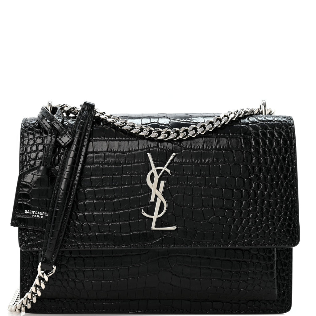 Saint Laurent Calfskin Crocodile Embossed Medium Monogram Sunset Black
