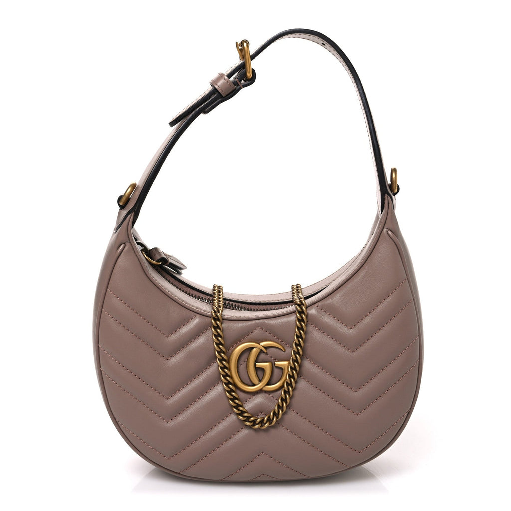 Gucci Calfskin Matelasse Chevron Mini GG Marmont Half Moon Hobo Porcelain Rose
