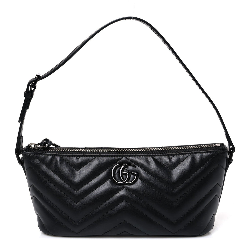 Gucci Calfskin Matelasse Chevron Monochrome GG Marmont Sling Shoulder Bag Black