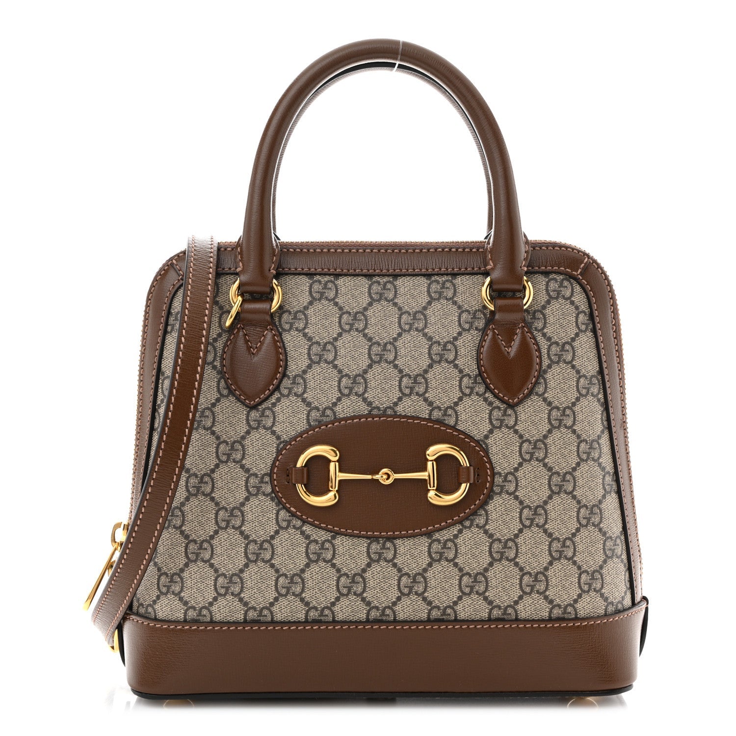 Gucci GG Supreme Monogram Azalea Calfskin Small Horsebit 1955 Top Handle Bag Beige Ebony Brown Sugar