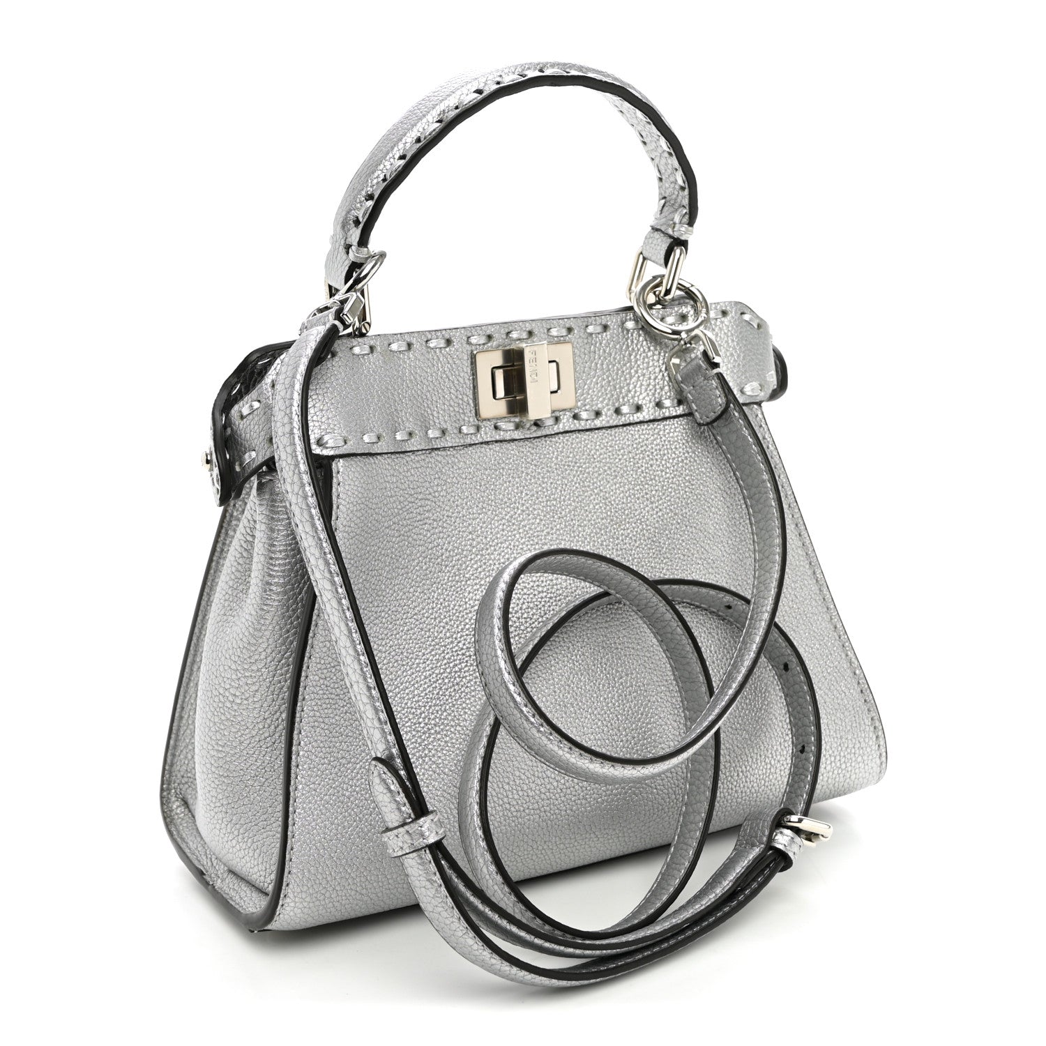Fendi Cuoio Romano Lux Selleria Mini Peekaboo Iconic Satchel Argento
