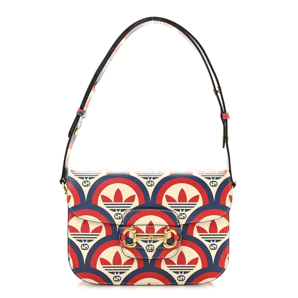 Gucci X ADIDAS Shangai Calfskin Web Trefoil Interlocking G Small Horsebit 1955 Shoulder Bag Red White Blue