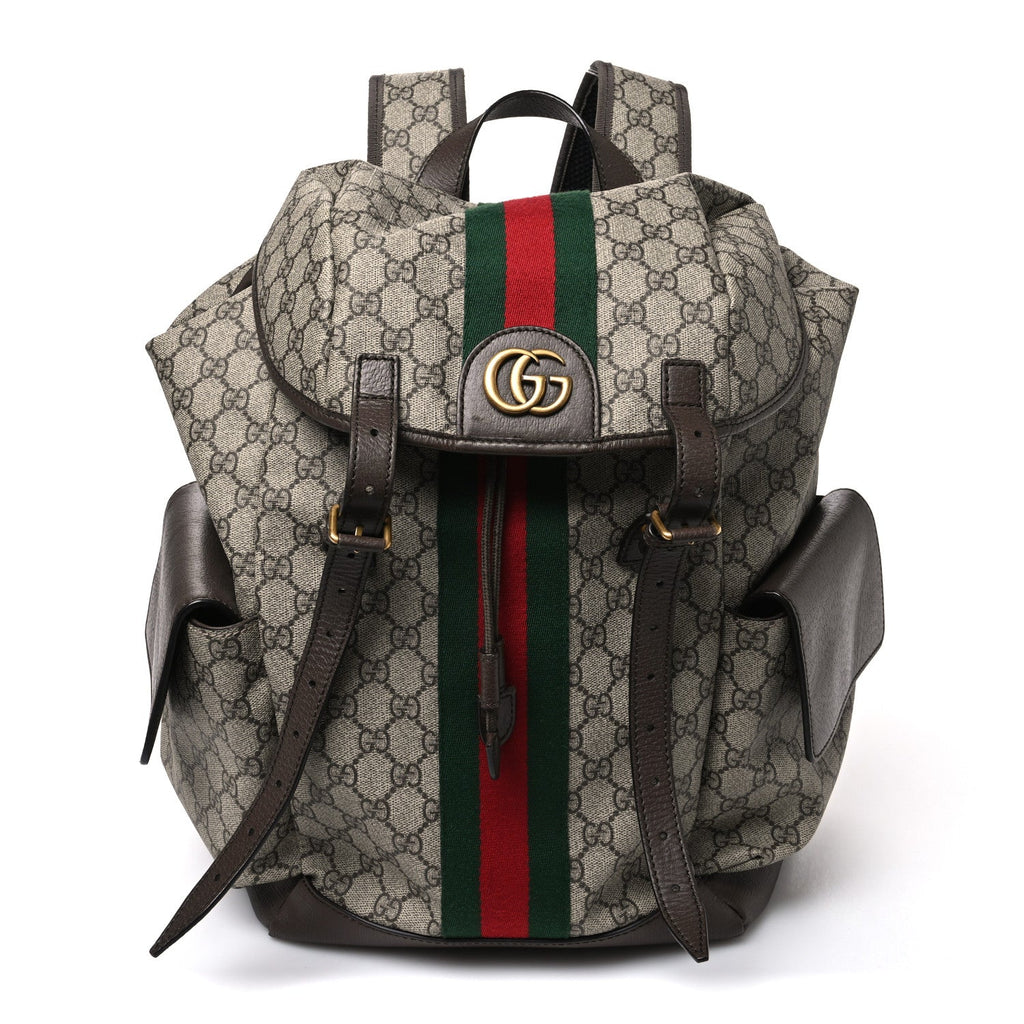 Gucci GG Supreme Monogram Medium Ophidia Double Buckle Backpack Brown