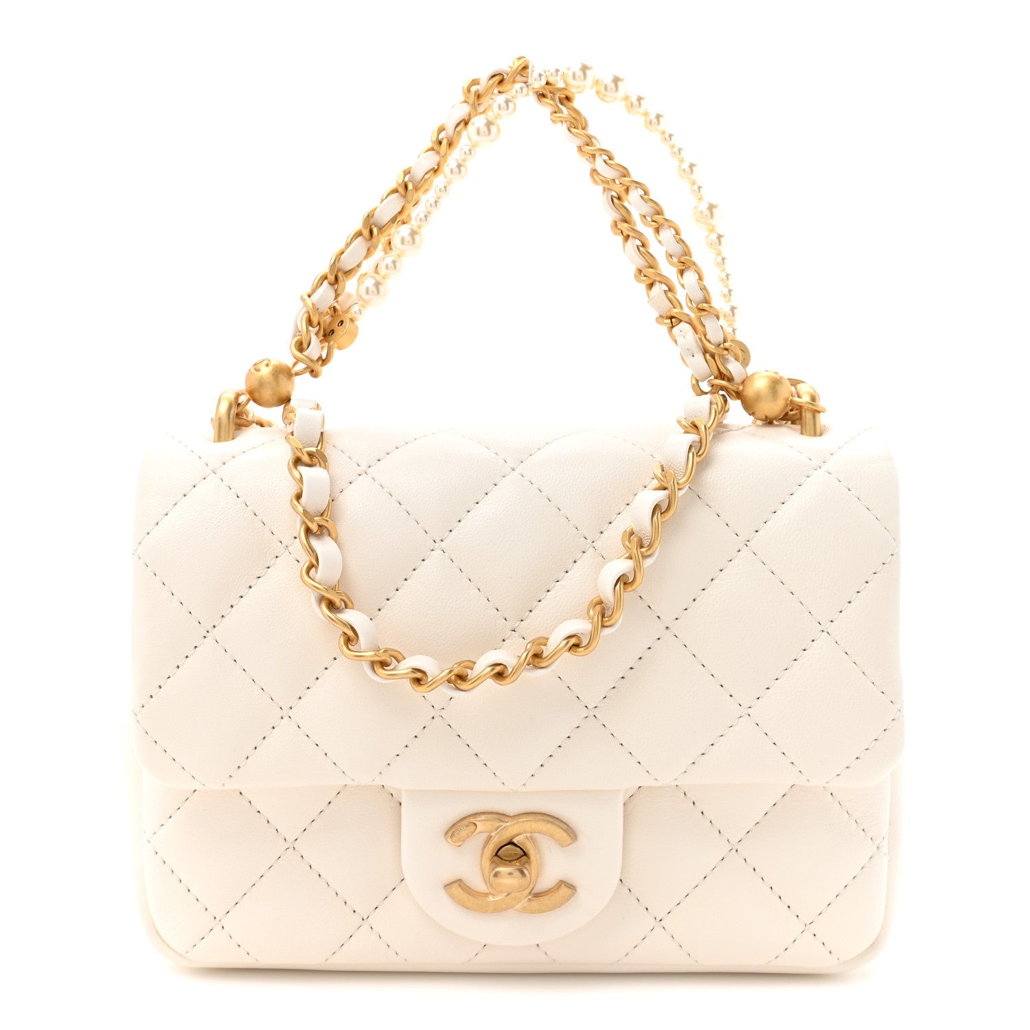 Chanel Shiny Lambskin Quilted Pearl Twist Mini Square Flap White