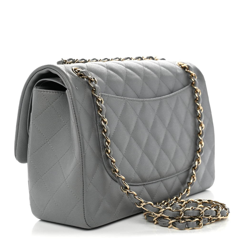 Chanel Caviar Quilted Jumbo Double Flap Grey