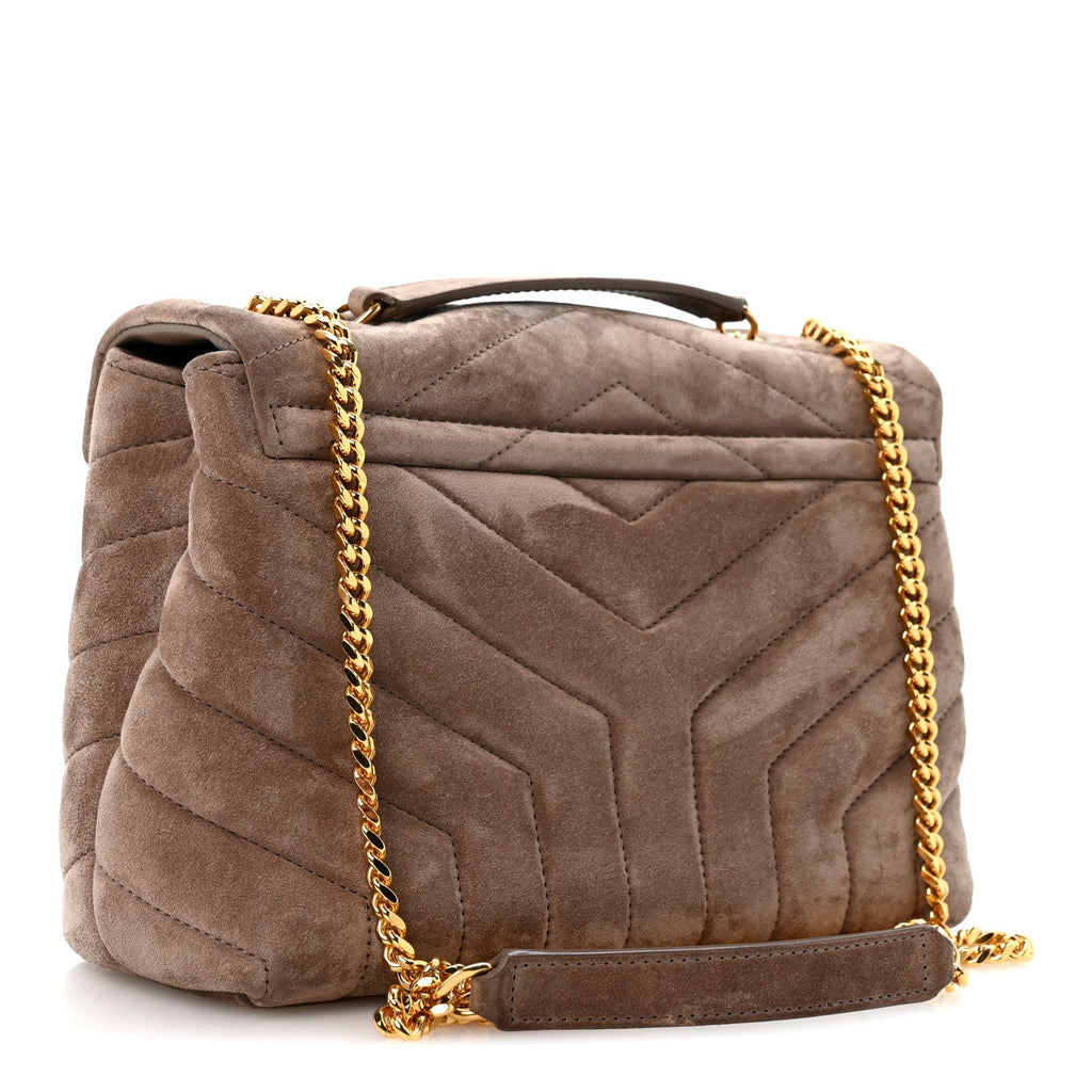 Saint Laurent Suede Calfskin Y Quilted Monogram Small Loulou Chain Satchel Taupe