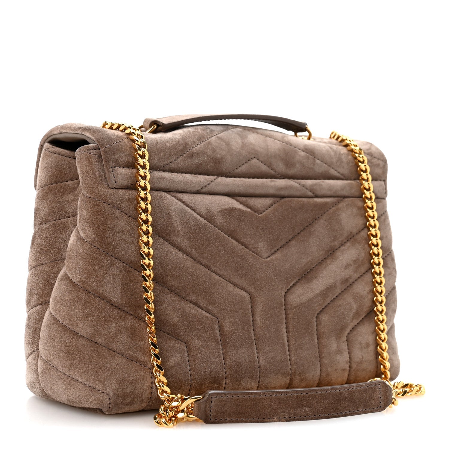 Saint Laurent Suede Calfskin Y Quilted Monogram Small Loulou Chain Satchel Taupe