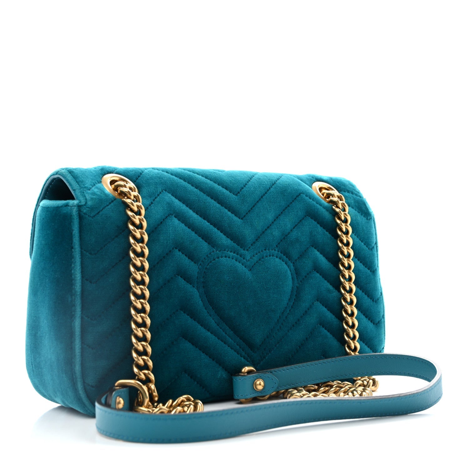 Gucci Velvet Matelasse Small GG Marmont Shoulder Bag Pavone Cyan