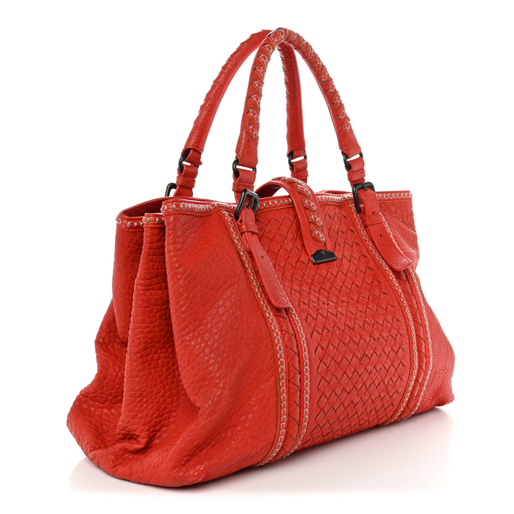 Bottega Veneta Pebbled Lambskin Intrecciato Stitched Medium Roma Tote Vesuvio