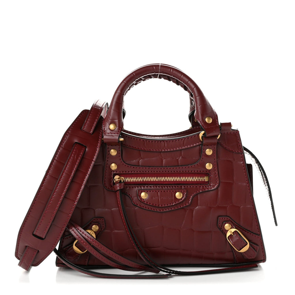 Balenciaga Semi Shiny Calfskin Crocodile Embossed Neo Classic Gold Hardware Mini City Dark Red