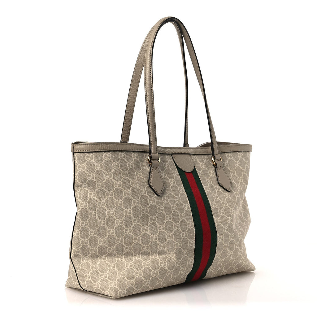 Gucci GG Supreme Monogram Textured Dollar Calfskin Web Medium Ophidia Shopping Tote Beige Mystic White Oatmeal