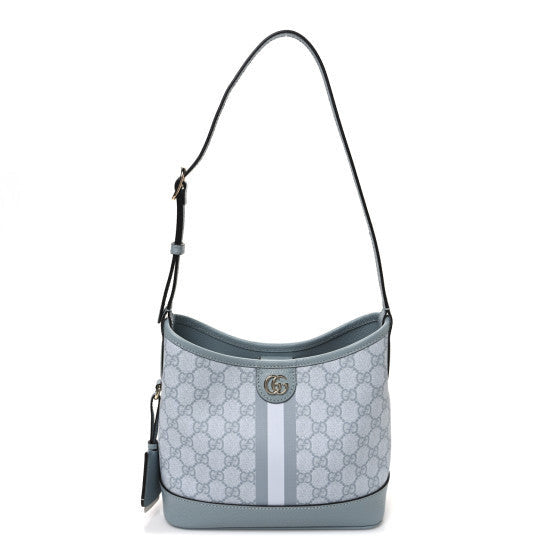 Gucci GG Supreme Monogram Textured Dollar Calfskin Web Small Ophidia Bucket Shoulder Bag Dusty Blue