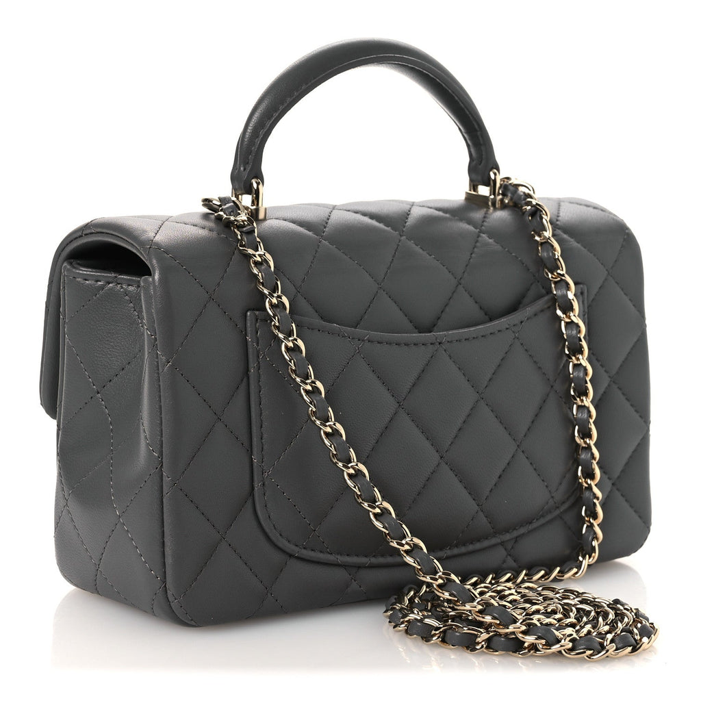 Chanel Lambskin Quilted Mini Top Handle Rectangular Flap Dark Grey