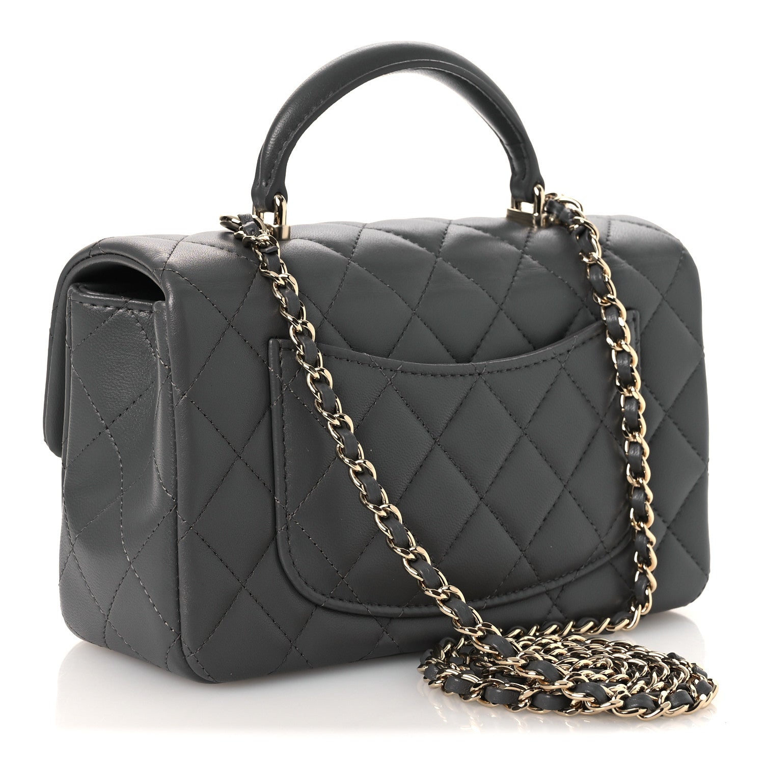 Chanel Lambskin Quilted Mini Top Handle Rectangular Flap Dark Grey