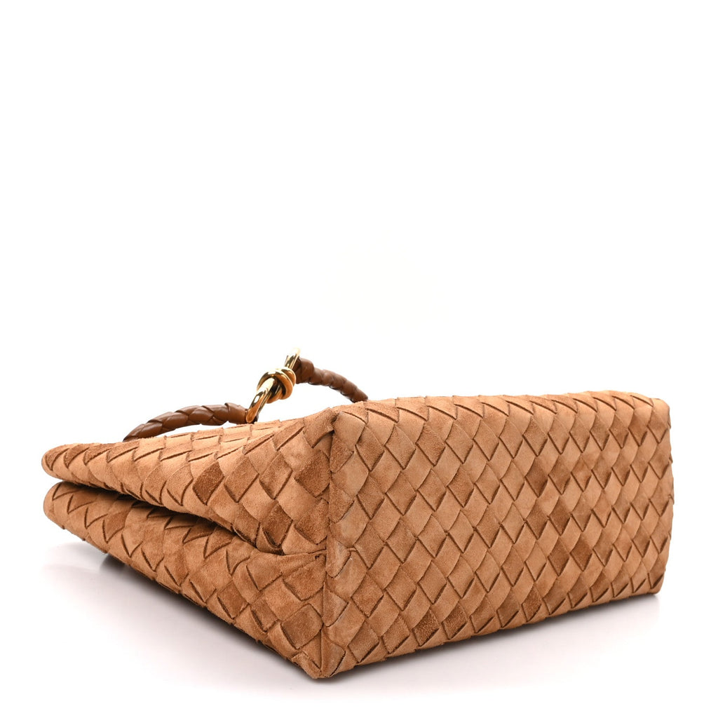 Bottega Veneta Suede Shearling Intrecciato Medium Andiamo Shoulder Bag Amber