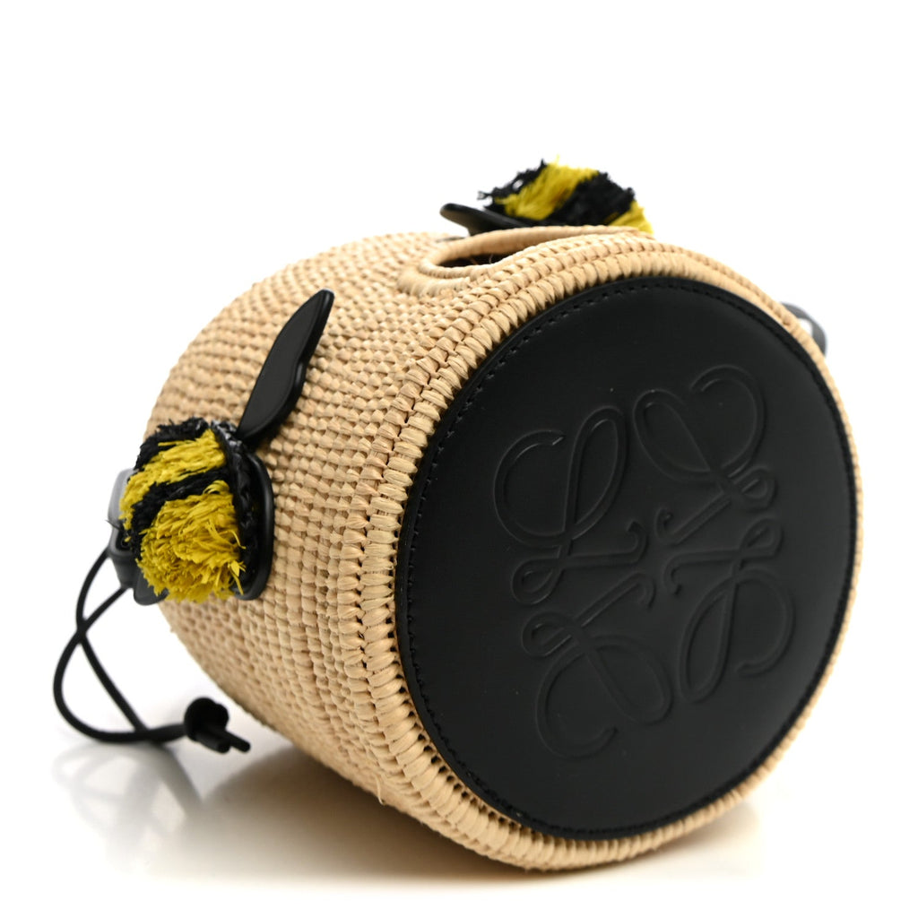 Loewe X PAULA'S IBIZA Raffia Calfskin Beehive Basket Tote Bag Natural Black