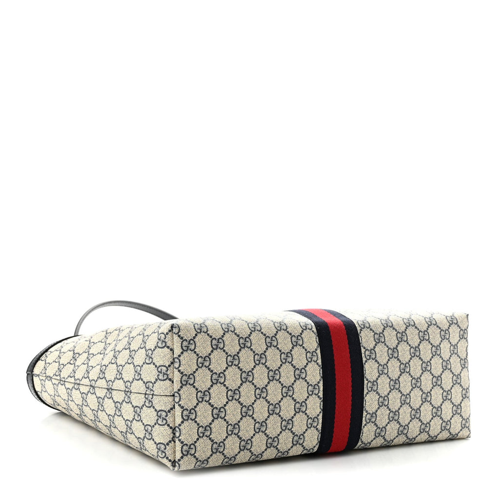 Gucci GG Supreme Monogram Textured Calfskin Web Medium Ophidia Shopping Tote Beige Blue