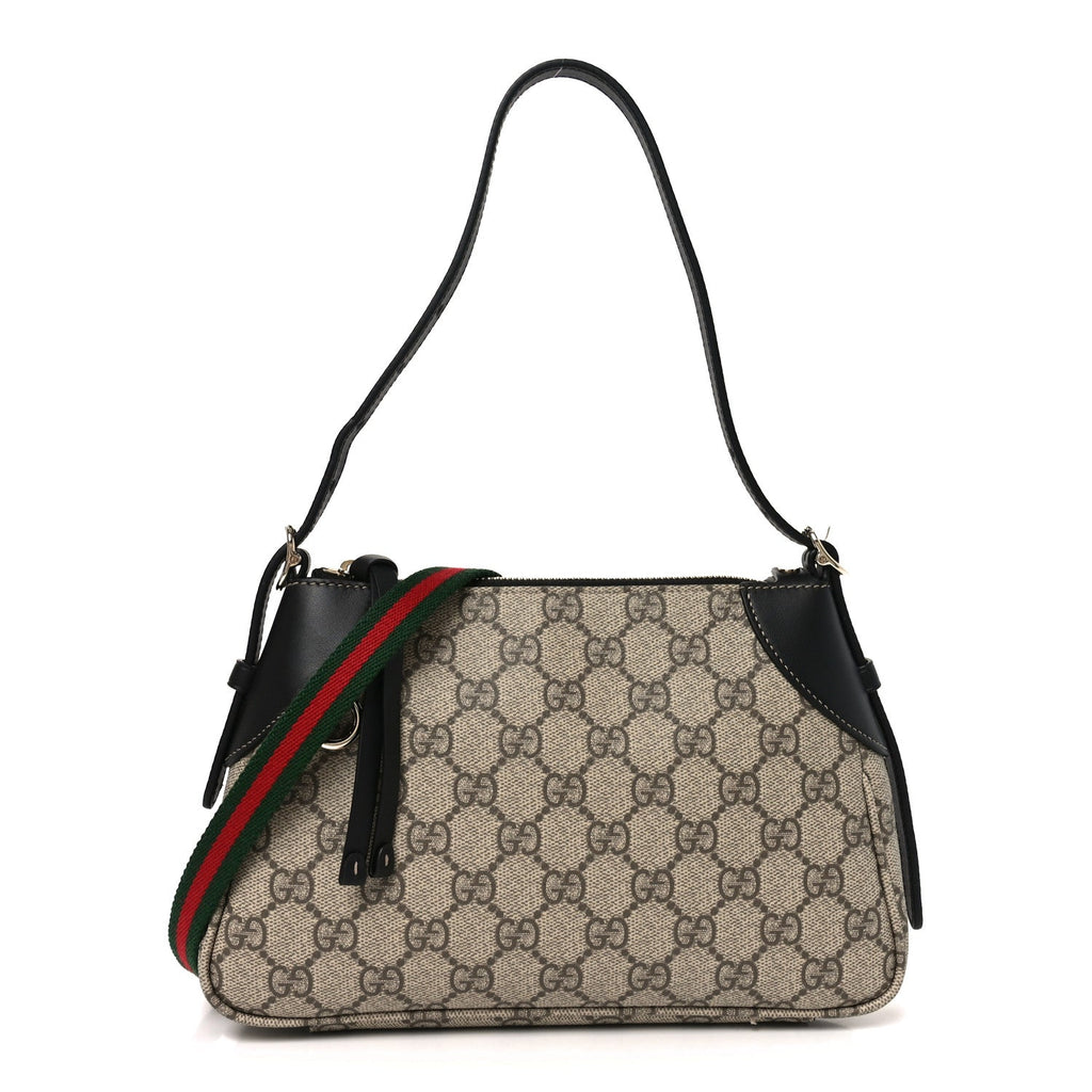 Gucci GG Supreme Monogram Textured Calfskin Small Emblem Shoulder Bag Beige Black
