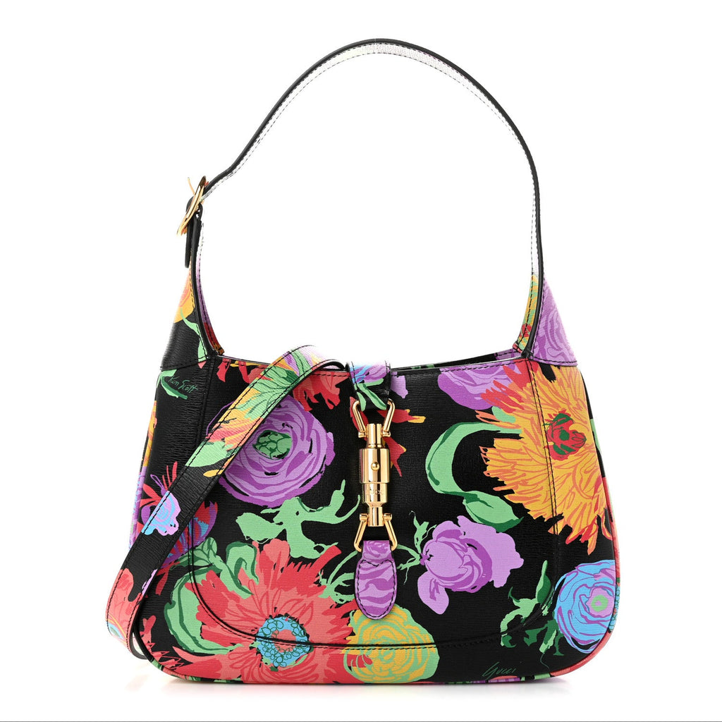 Gucci X KEN SCOTT New Shangai Calfskin Jenny Floral Print Small Jackie 1961 Hobo Black Pink