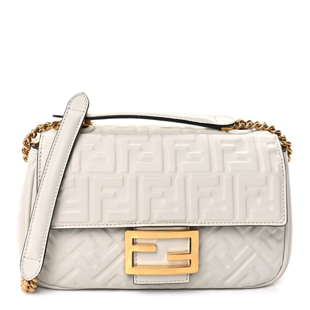 Fendi Nappa Small FF Embossed Midi Chain Baguette White