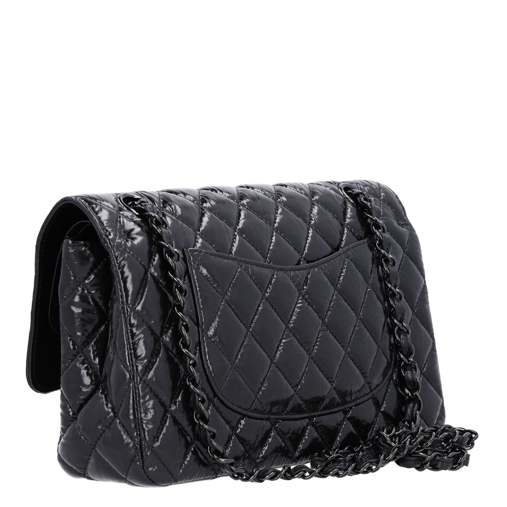 Chanel Shiny Crumpled Calfskin Quilted Medium Double Flap So Black