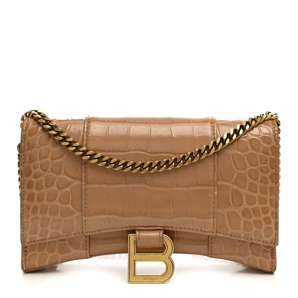 Balenciaga Shiny Calfskin Crocodile Embossed Hourglass Chain Bag Nude Beige