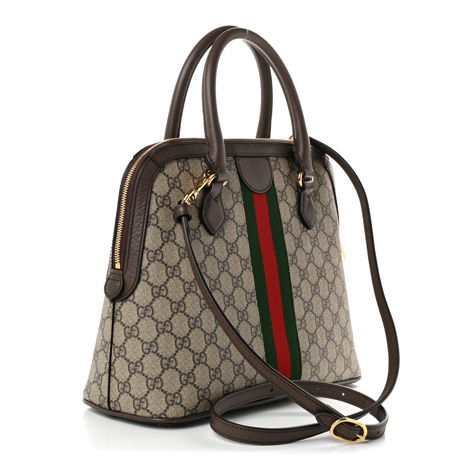 Gucci GG Supreme Monogram Web Medium Top Handle Ophidia Dome Shoulder Bag Brown