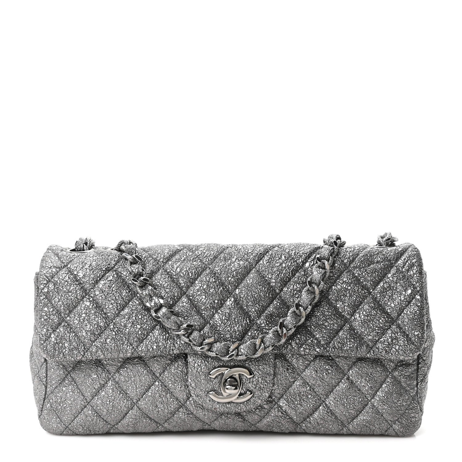 Chanel Metallic Crackled Calfskin Quilted East West Flap Dark Silver