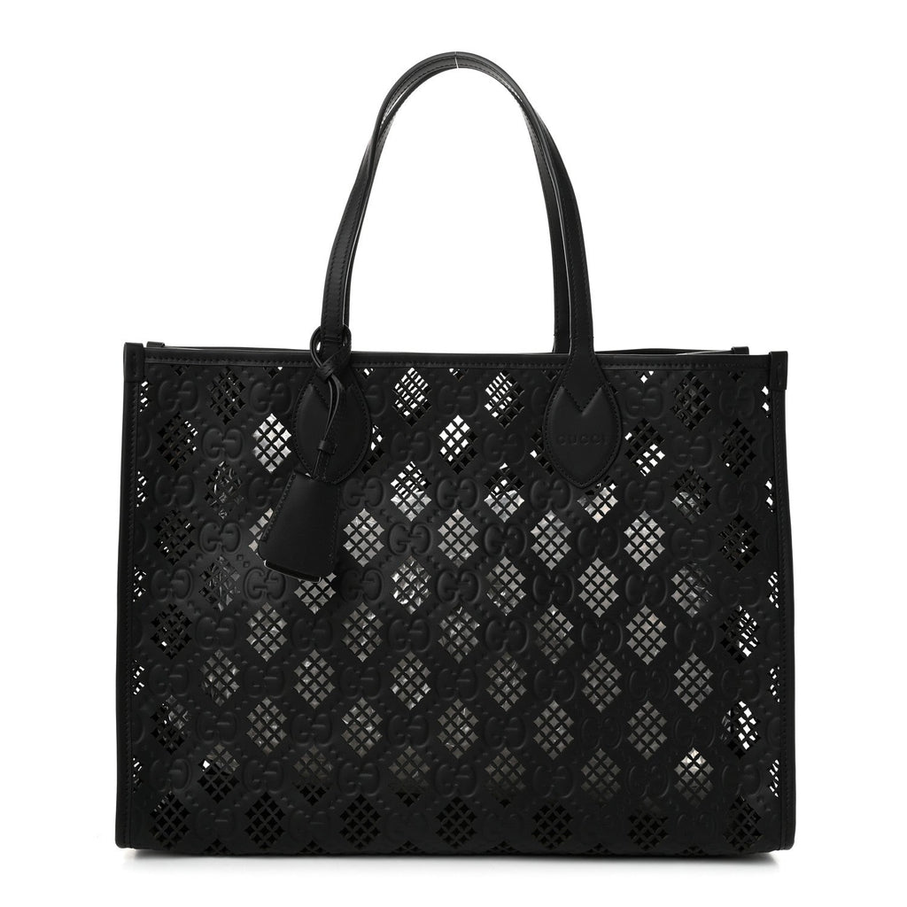 Gucci Calfskin GG Monogram Diamond Cut Medium Ophidia Tote Bag Black