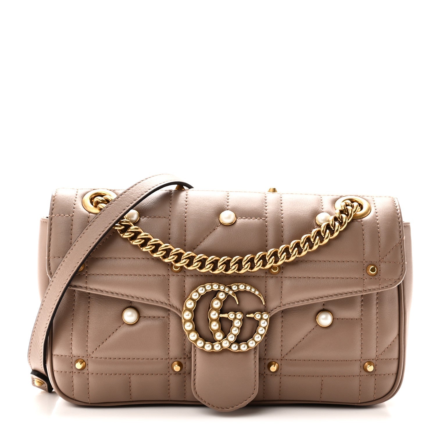 Gucci Calfskin Matelasse Studded Small Pearly GG Marmont Shoulder Bag Porcelain Rose