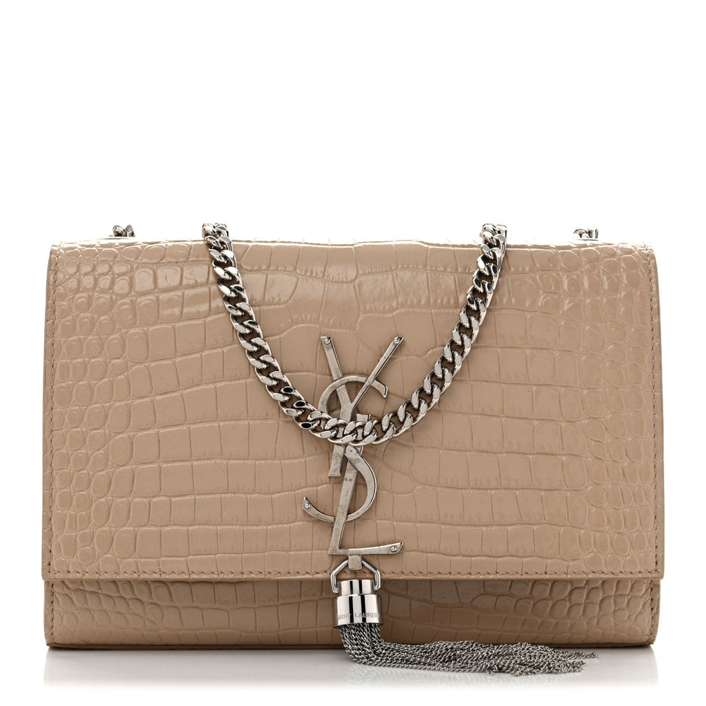 Saint Laurent Calfskin Crocodile Embossed Small Classic Monogram Kate Tassel Satchel Beige