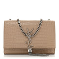 Saint Laurent Calfskin Crocodile Embossed Small Classic Monogram Kate Tassel Satchel Beige
