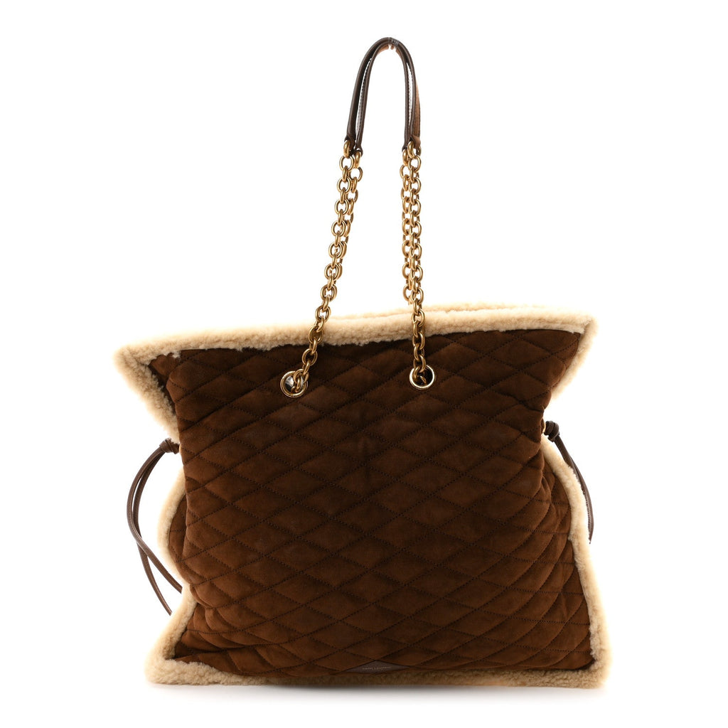 Saint Laurent Suede Shearling Quilted Le Pochon Dark Sigaro Natural Beige