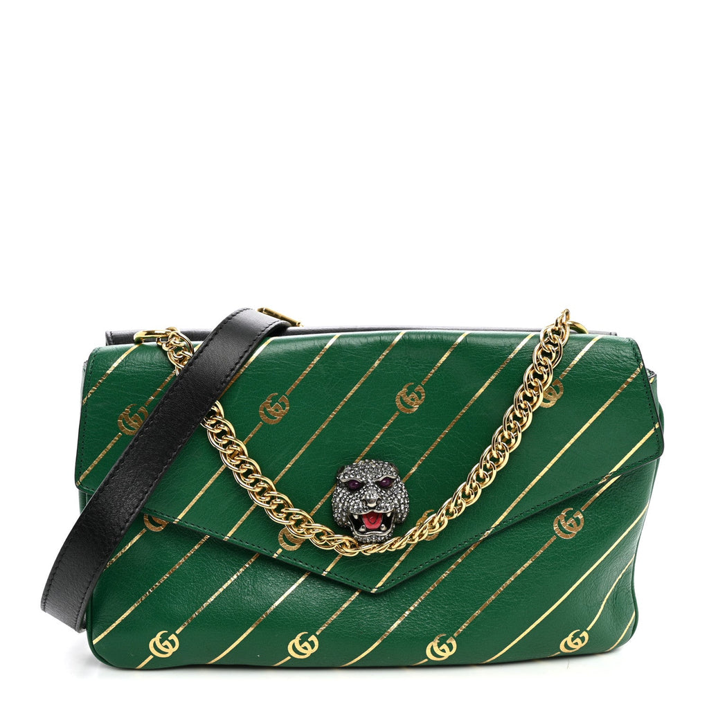 Gucci Calfskin Diagonal GG Medium Thiara Double Envelope Shoulder Bag Emerald Green Black