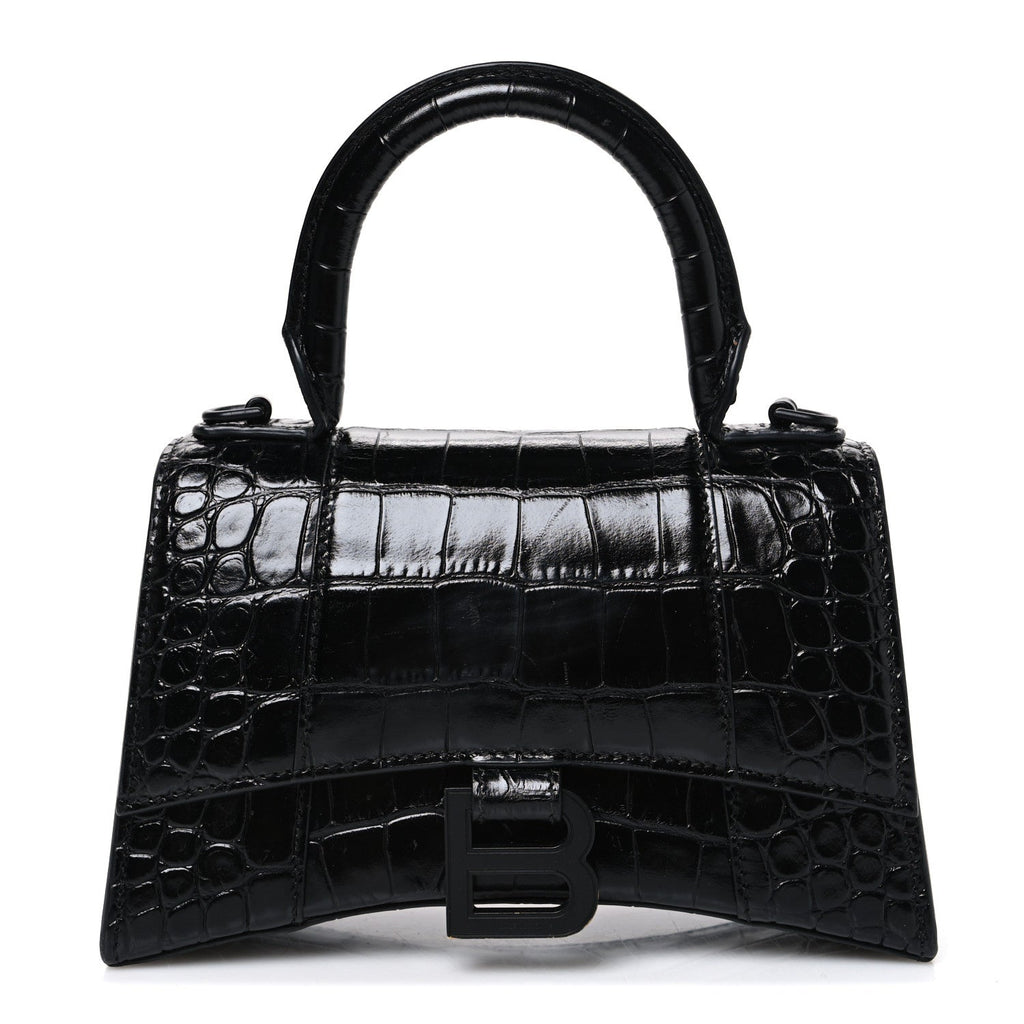 Balenciaga Shiny Calfskin Monochrome Crocodile Embossed Hourglass Top Handle Bag XS Black