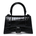 Balenciaga Shiny Calfskin Monochrome Crocodile Embossed Hourglass Top Handle Bag XS Black