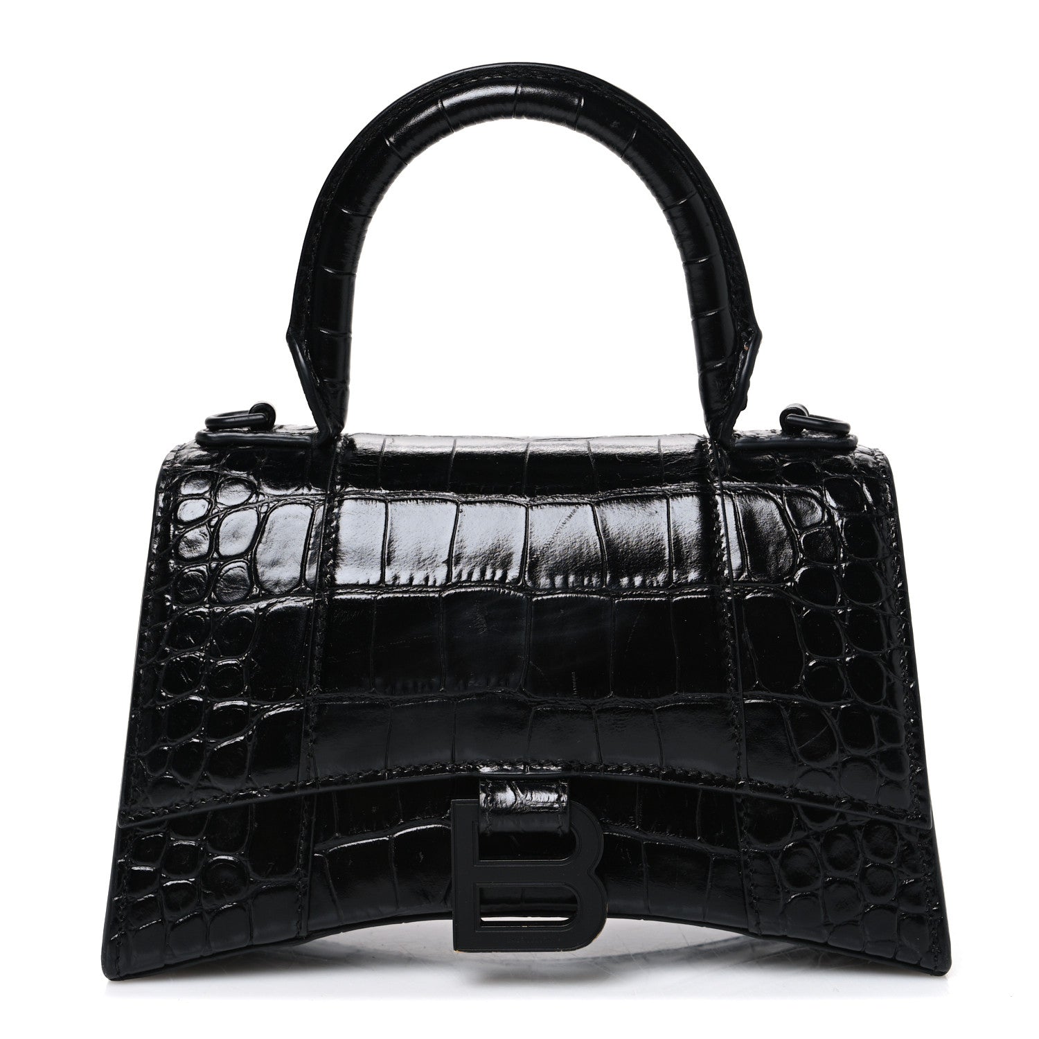 Balenciaga Shiny Calfskin Monochrome Crocodile Embossed Hourglass Top Handle Bag XS Black