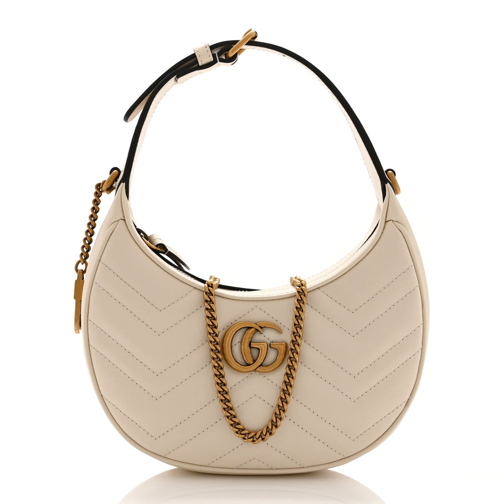 Gucci Calfskin Matelasse Chevron Mini GG Marmont Half Moon Hobo Mystic White
