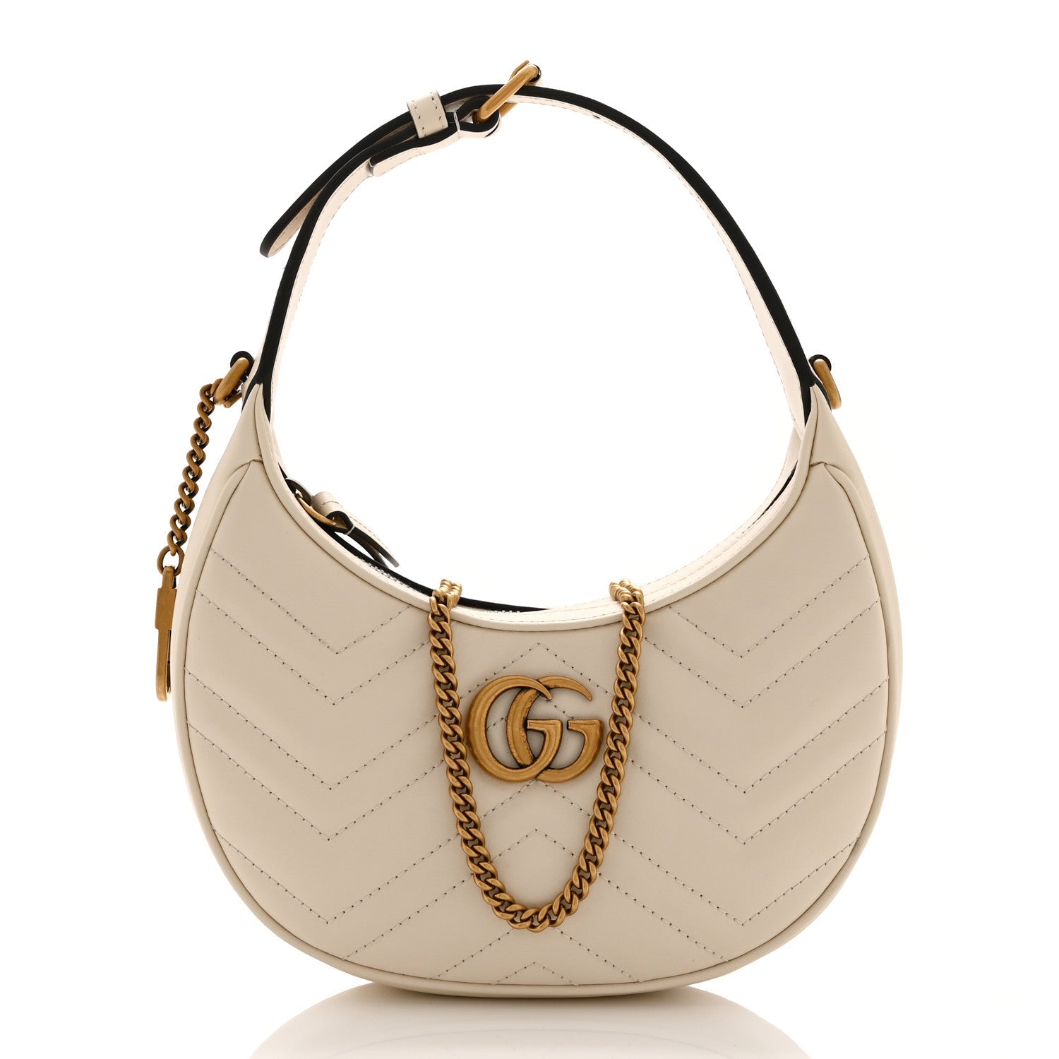 Gucci Calfskin Matelasse Chevron Mini GG Marmont Half Moon Hobo Mystic White