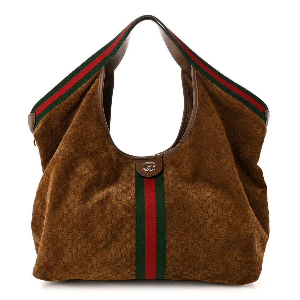Gucci Suede GG Monogram Web Large Giglio Tote Brown