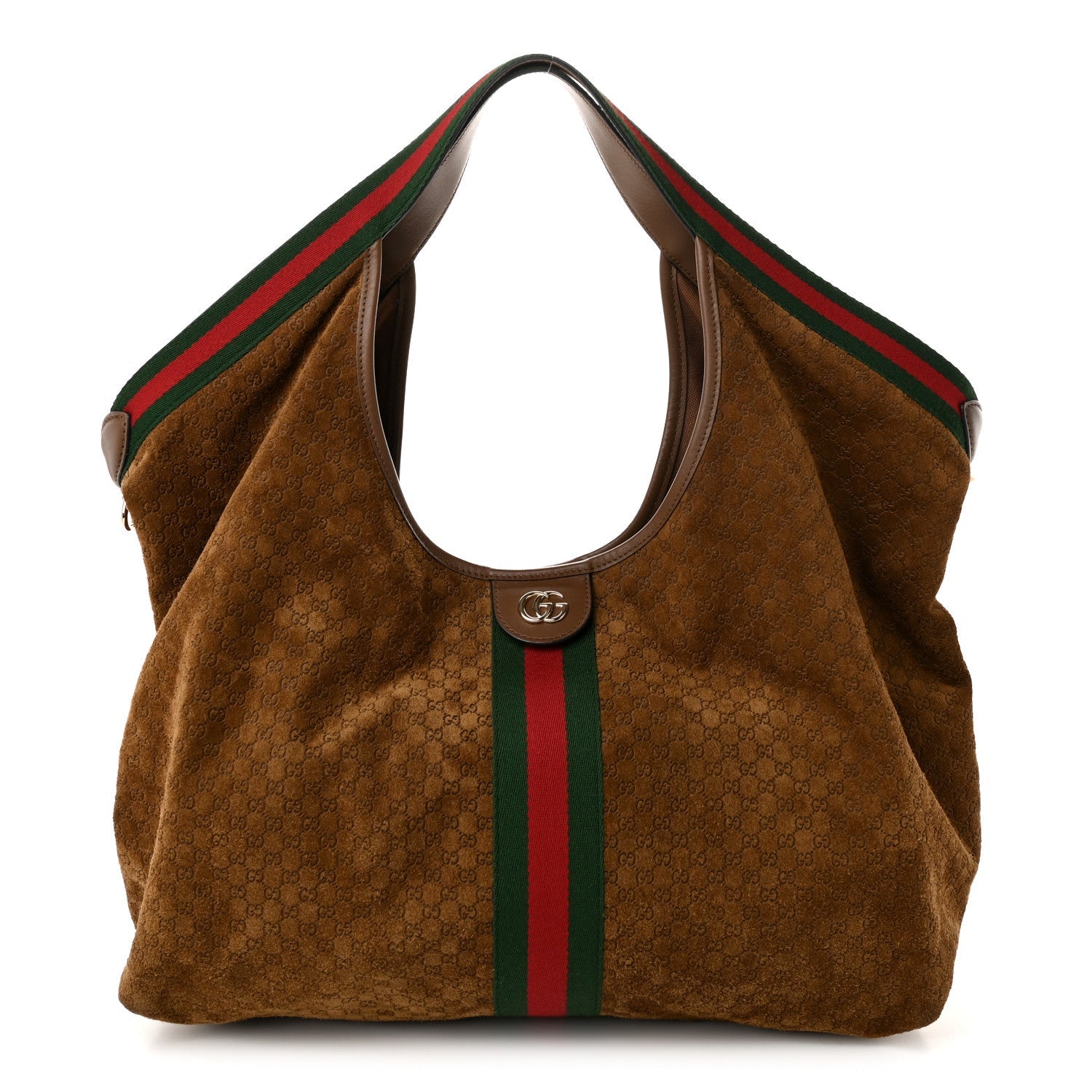 Gucci Suede GG Monogram Web Large Giglio Tote Brown
