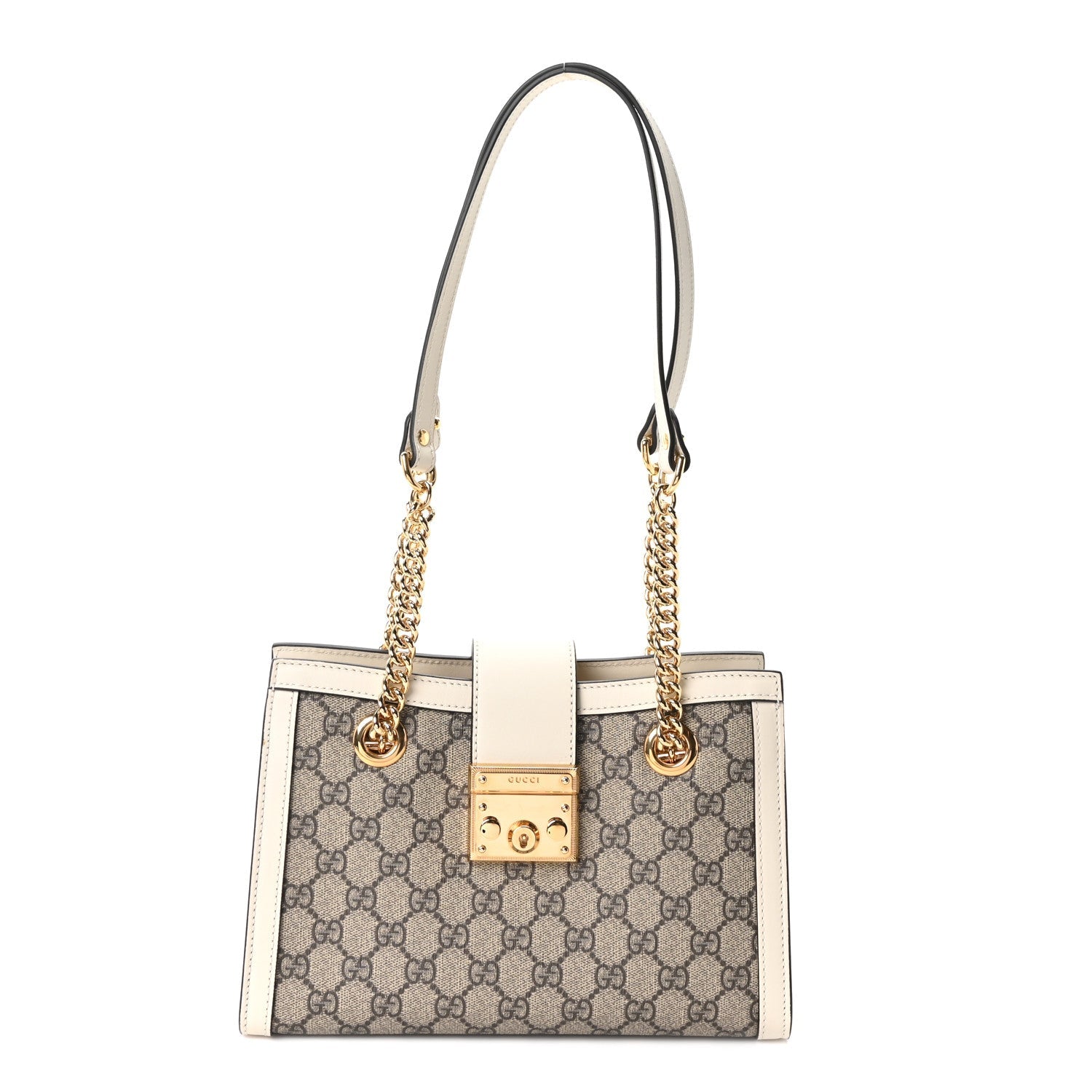 Gucci GG Supreme Monogram Moon Calfskin Small Padlock Tote Beige Ebony Mystic White