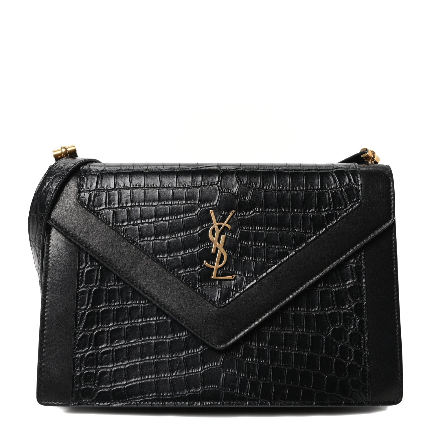 Saint Laurent Calfskin Crocodile Embossed Gaby Satchel Black