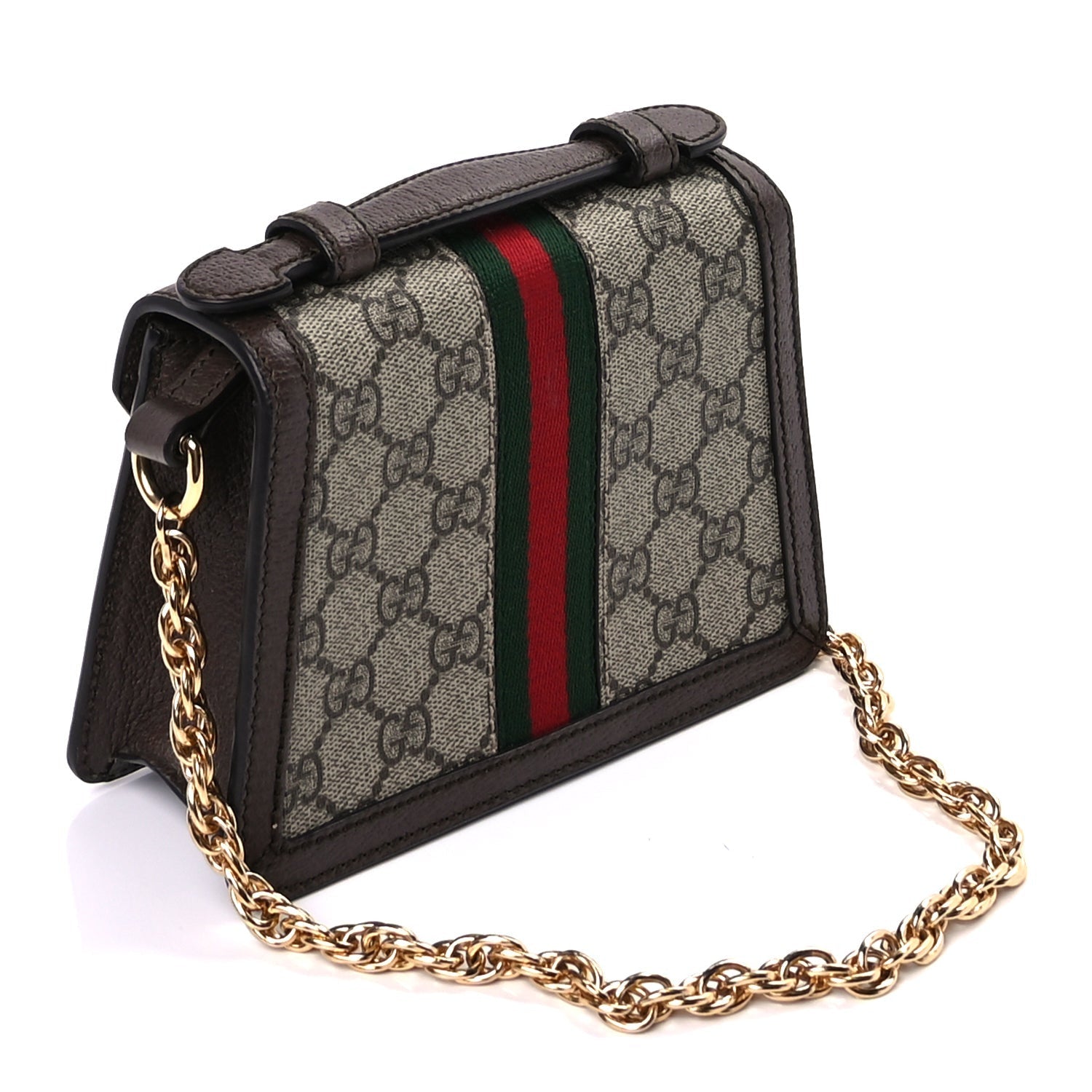 Gucci GG Supreme Monogram Textured Dollar Calfskin Web Mini Ophidia Padlock Top Handle Chain Shoulder Bag Beige Ebony New Acero