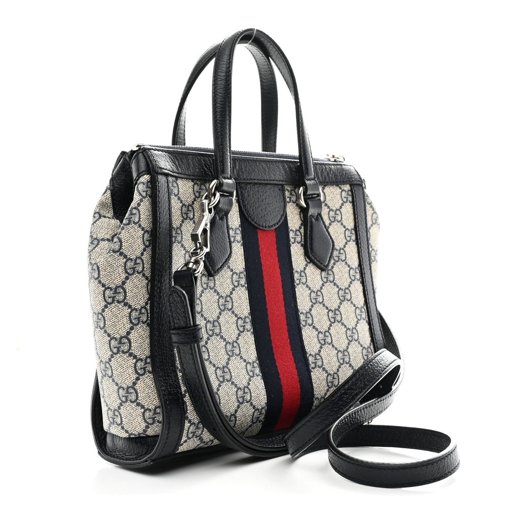 Gucci GG Supreme Monogram Textured Dollar Calfskin Web Small Ophidia Tote Bag Beige Blue