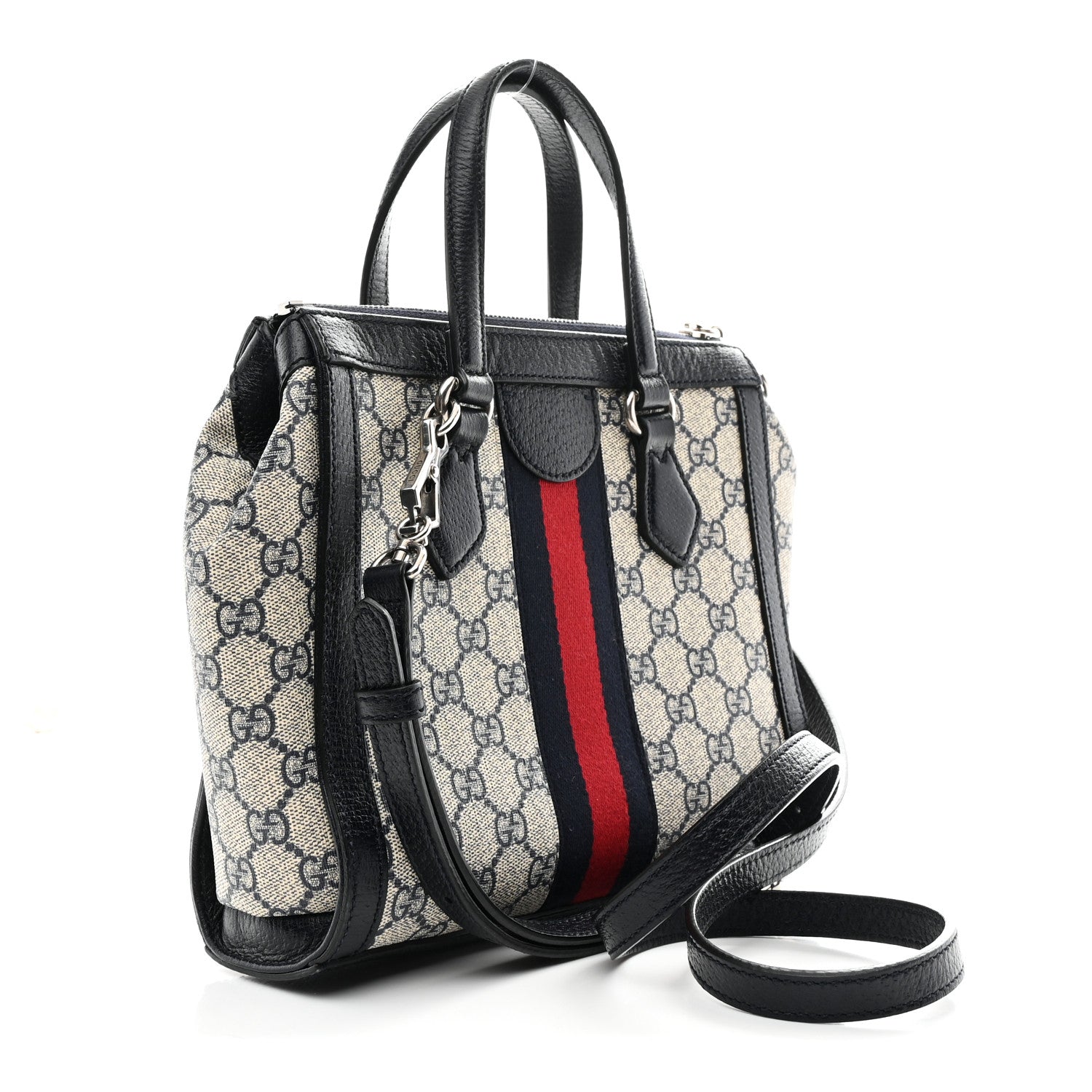 Gucci GG Supreme Monogram Textured Dollar Calfskin Web Small Ophidia Tote Bag Beige Blue