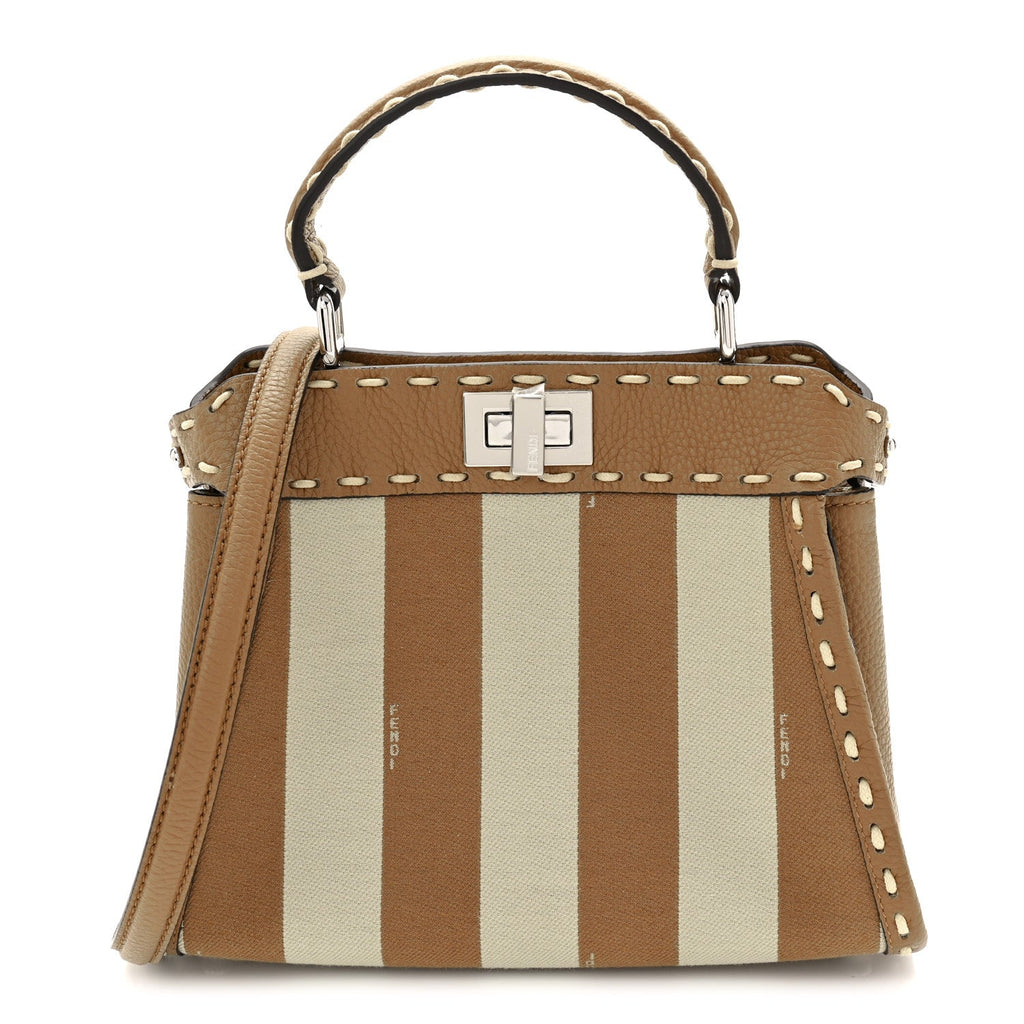 Fendi Cuoio Romano Canvas Pequin Striped Selleria Mini Peekaboo Iconic Satchel Beige Sand