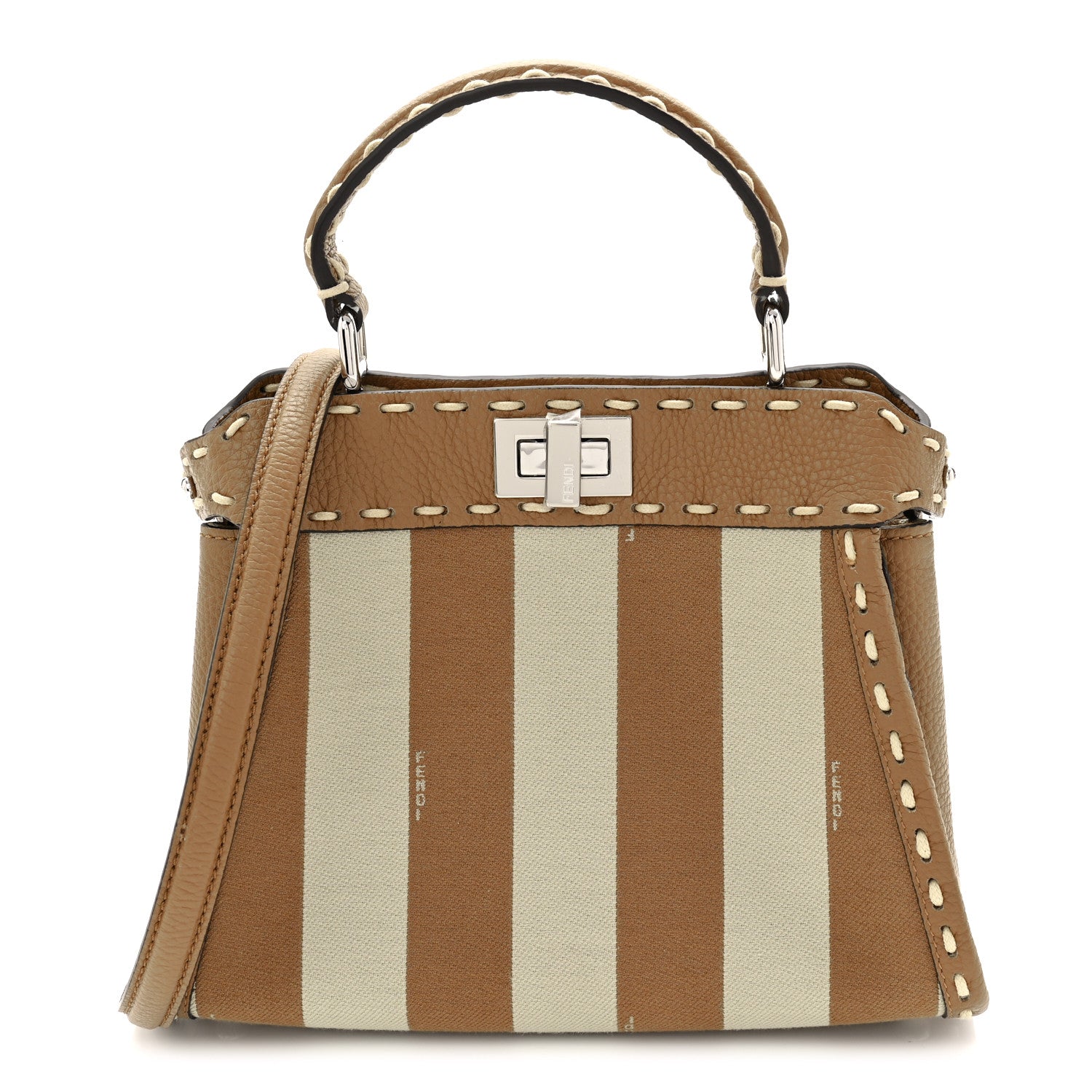 Fendi Cuoio Romano Canvas Pequin Striped Selleria Mini Peekaboo Iconic Satchel Beige Sand